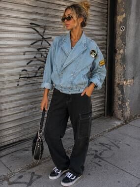 Vintage Organically Grown Womens Small Studded Denim Jacket Light Wash Patches